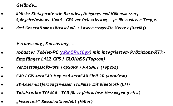 Textfeld: 	Gelndebliche Kleingerte wie Bussolen, Neigungsund Hhenmesser, Spiegelrelaskops, Hand - GPS zur Orientierung, je fr mehrere Truppsdrei Generationen Ultraschall- / Lasermessgerte Vertex (Haglf)	Vermessung, Kartierung, robuster Tablet-PC (ARMORx10gx) mit integriertem Przisions-RTK-Empfnger L1L2 GPS / GLONASS (Topcon)Vermessungssoftware TopSURV / MAGNET (Topcon)CAD / GIS AutoCAD Map und AutoCAD Civil 3D (Autodesk)3D-Laser-Entfernungsmesser TruPulse mit Bluetooth (LTI)Totalstation TPS400 / TCR fr reflektorlose Messungen (Leica)historisch Bussolentheodolit (Miller)